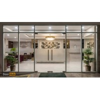 Smoked Sandblasted Glass Pivot Door 12mm UAE for Hotel Interiors